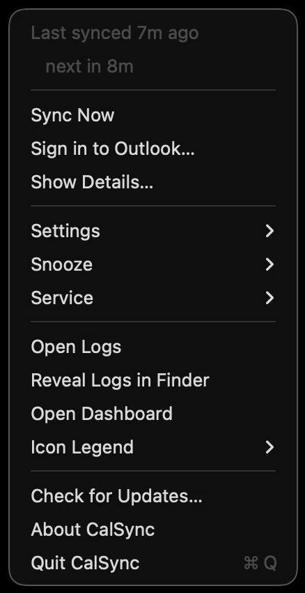 TenantCal Mac menu with Sync Now, Sign in to Outlook, Show Details, and Settings