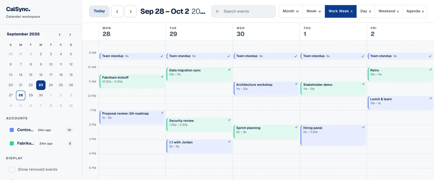 TenantCal web calendar showing a work week with events from a firm and a client account side by side, each marked with a green check once mirrored